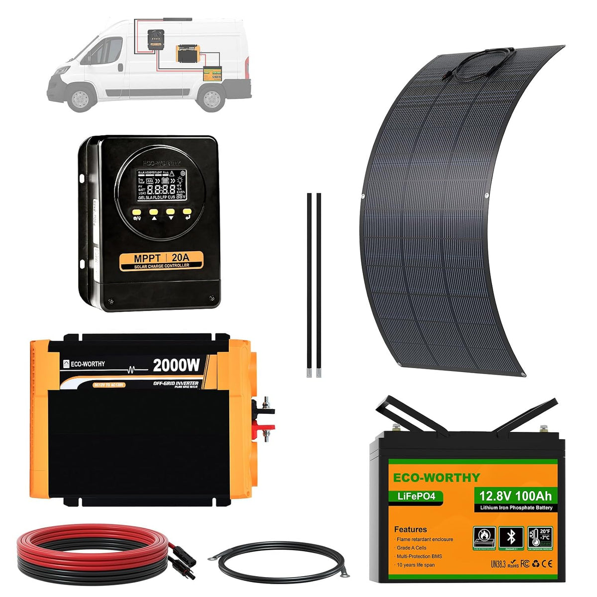 ECO-WORTHY batterie, 1280 Wh, 12v, 100 Ah, 200 W, 2000 W, Noir/Gris, les Camping, campervan