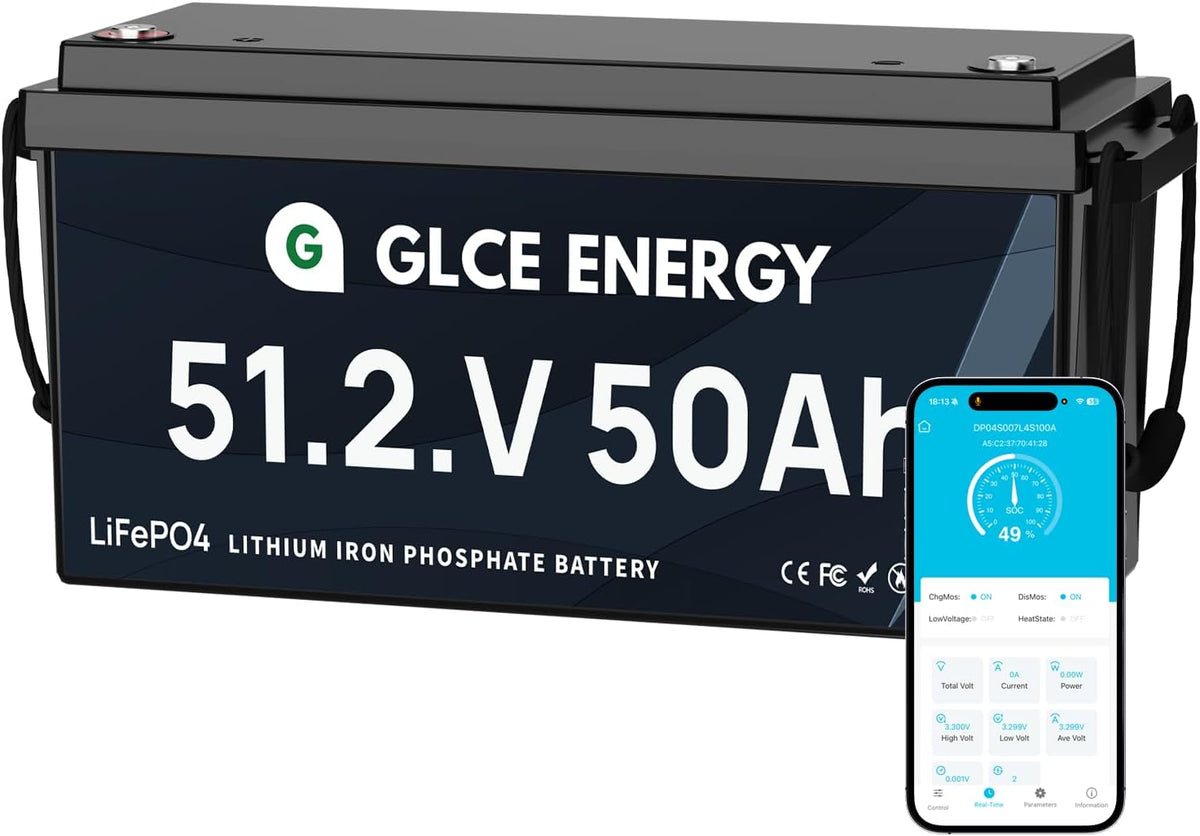 GLCE ENERGY batterie, 48 V, 51.2 V, 50 Ah, Noir/Gris, LiFePO ( ) avec BMS Bluetooth 100A